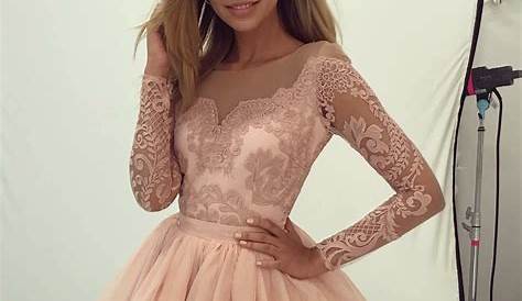 Cute lace round neck short prom dress, long sleeve dress