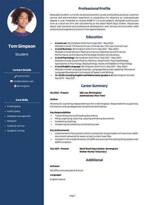 cv example for university application
