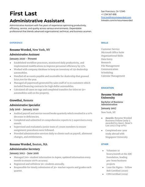 Free Administrative Assistant Resume Sample, Template, Example, CV