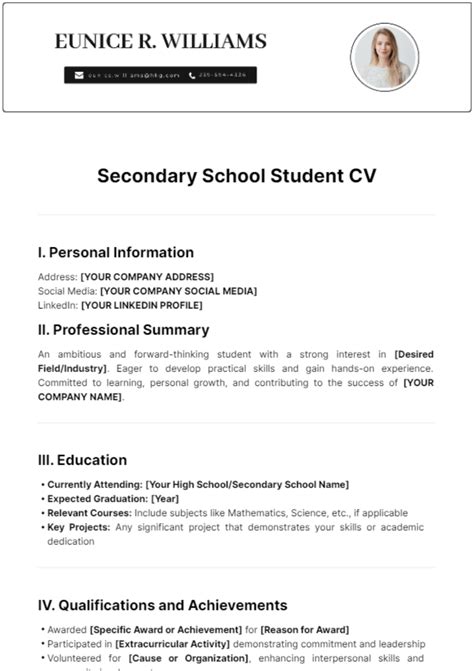cv examples for secondary school students