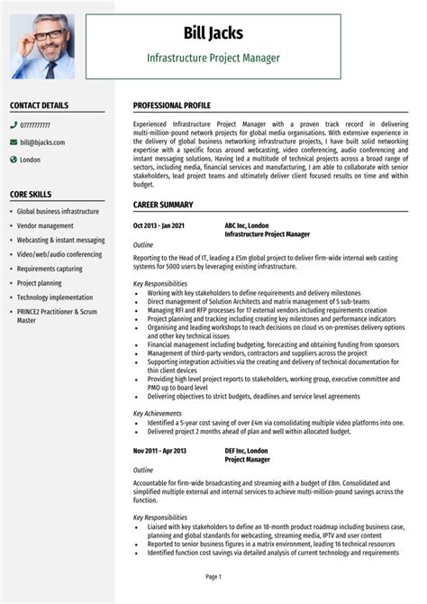 cv format for project manager