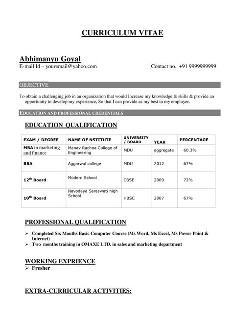 cv word format for freshers