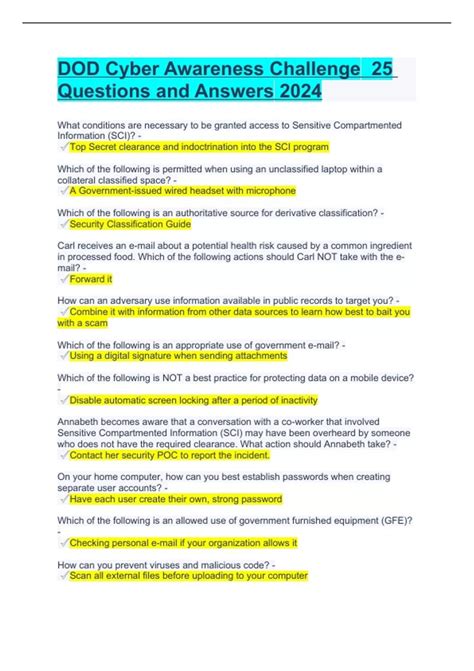 DOD Cyber Awareness Challenge 2024 Questions with Accurate Answers 2023 Cyber Awareness