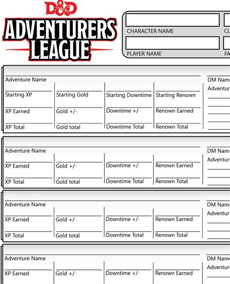 D&D Adventurer's League Adventure Logsheet