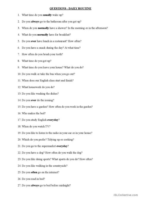 daily routine questions and answers pdf