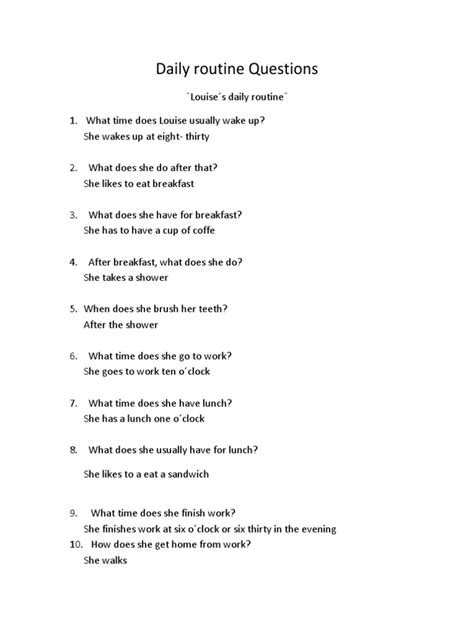 daily routine questions and answers pdf for students
