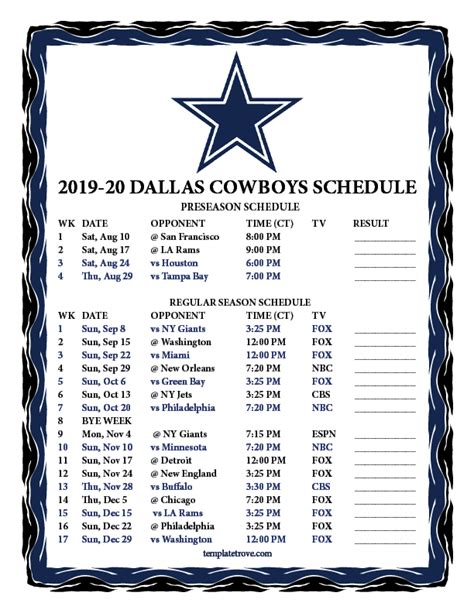 Printable Dallas Cowboys Schedule 20212022 50 Dallas Cowboys 2016
