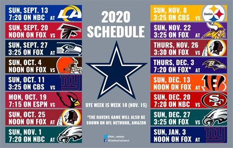 dallas cowboys game schedule 2020