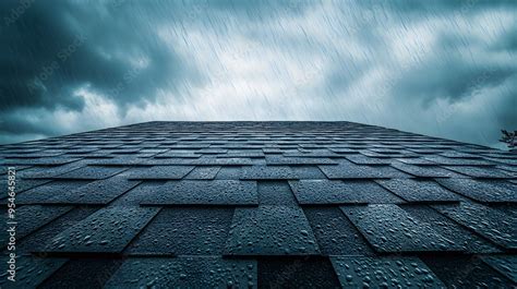 Damaged roof with rain clouds