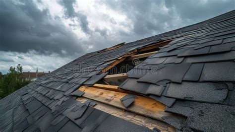 Damaged roof with rain clouds overhead