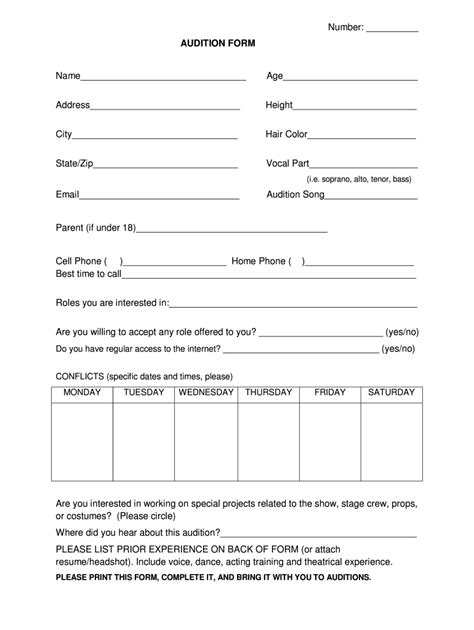 dance audition arrival form template