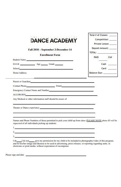 dance school enrolment form template