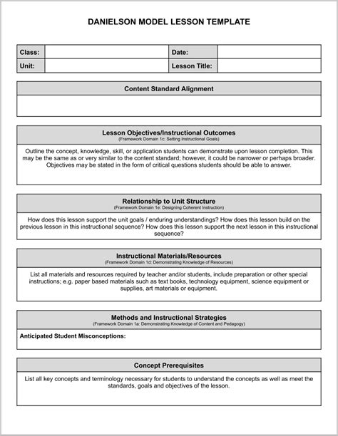 danielson model lesson plan template