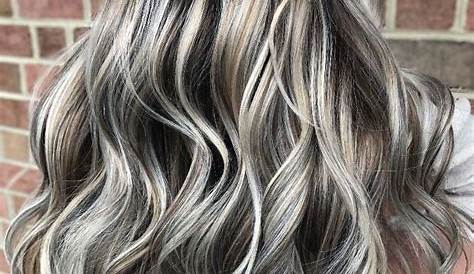 Dark Hair With Blonde And Grey Highlights Brunette Silver Balayage Brown Silver