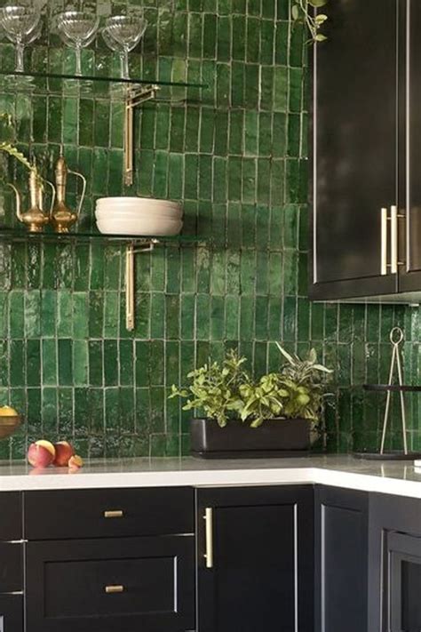 dark green tile backsplash