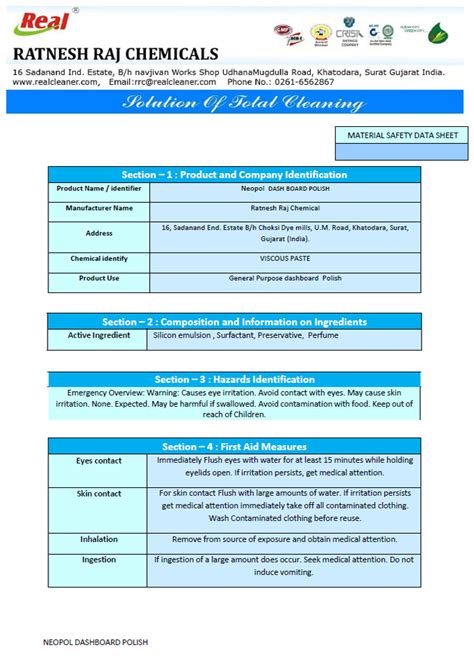 Dashboard Cleaner Msds