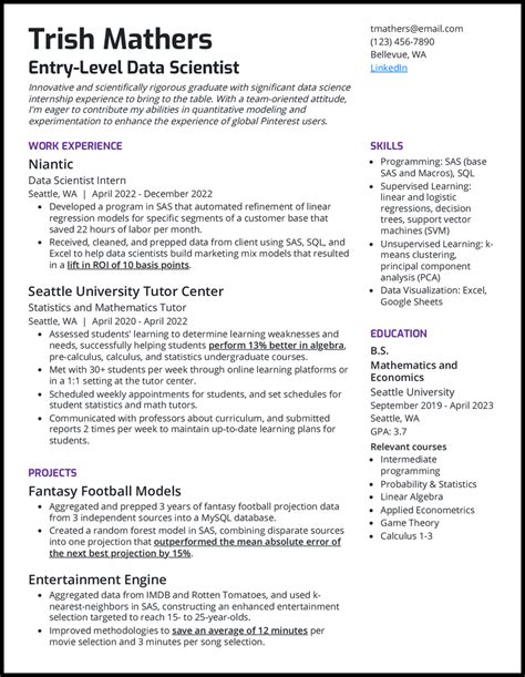 Data Science Intern Resume Example Company Name Fremont