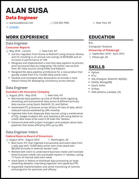 data engineer cv examples