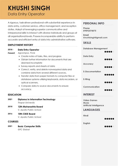 data entry operator resume example