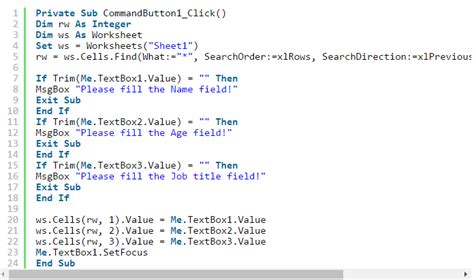data entry vba code in excel
