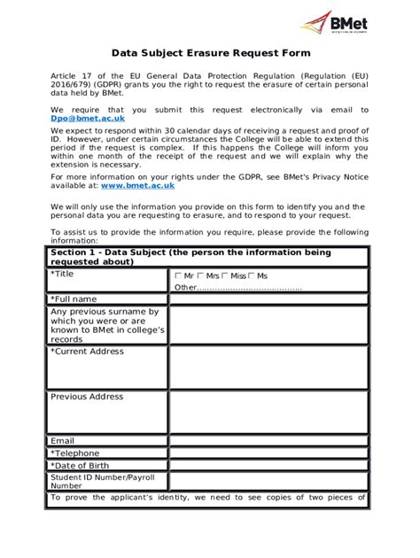 Data Erasure Request Template