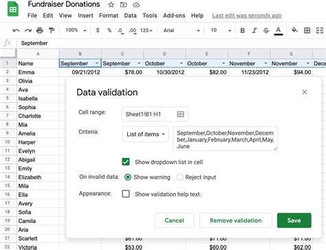 data validation in google sheets with color