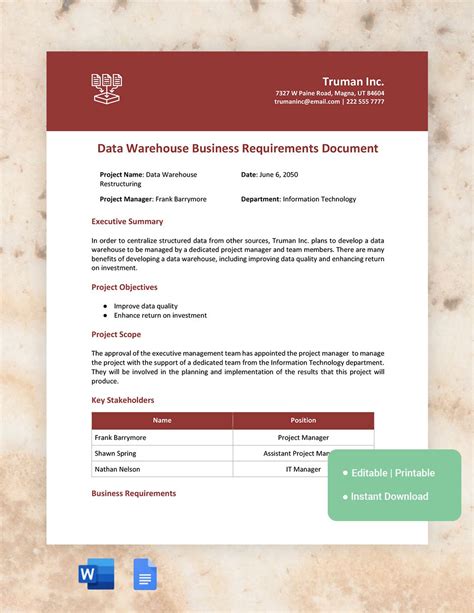 data warehouse requirements document template