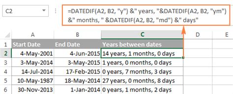 date difference in excel in months and days