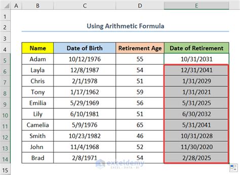 date of birth to date of retirement formula in excel
