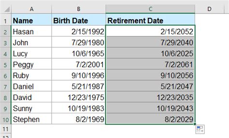 date of retirement from dob in excel