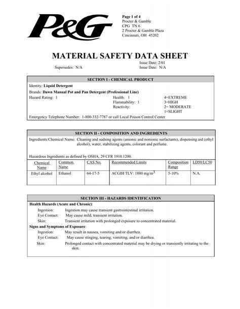 Dawn Dish Detergent Msds Sheet