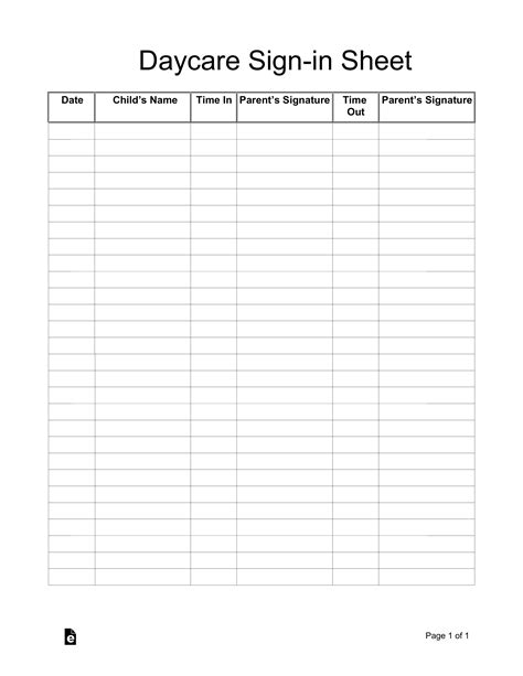 Free printable Course Sign In Sheet (PDF) from Daycare