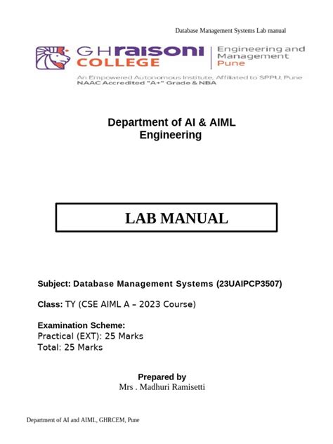 Dbms Lab Manual Mit