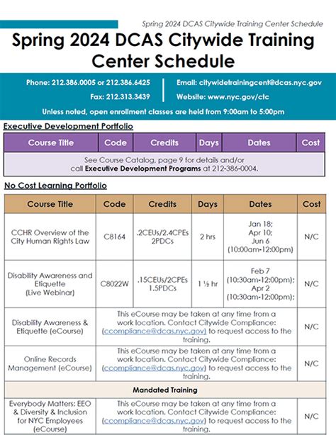 dcas citywide training center class schedule