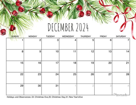 December 2024 Calendar Christmas Theme