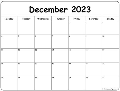 december 2023 calendar printable monday start
