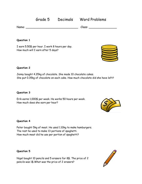 decimal word problems worksheet for class 5