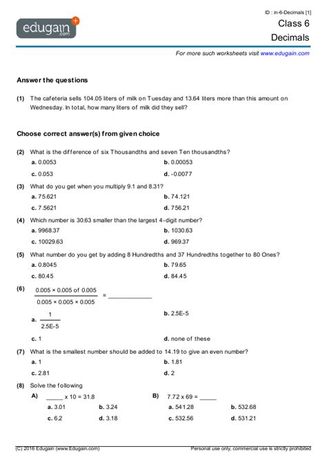 decimal word problems worksheet for class 6