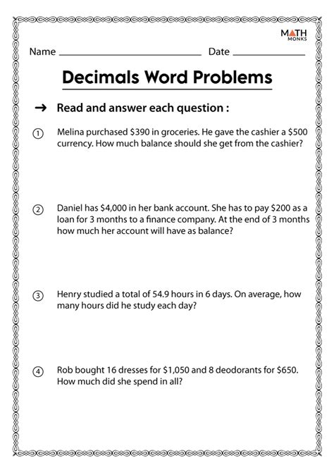 decimal word problems worksheet grade 4