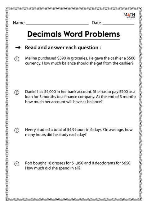 decimal word problems worksheet with answers