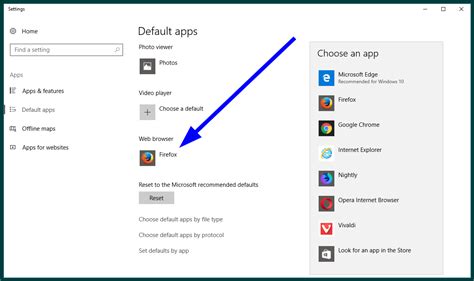 default app settings page windows 10