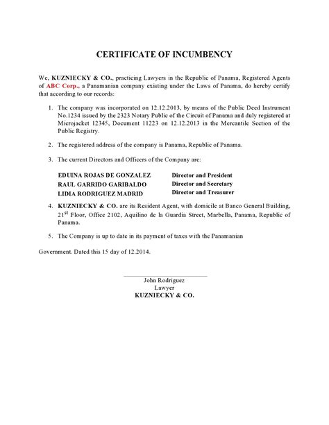define certificate of incumbency