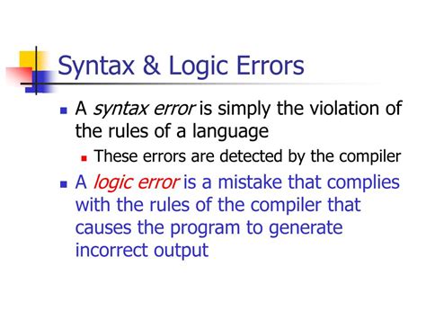define syntax error and logical error with example