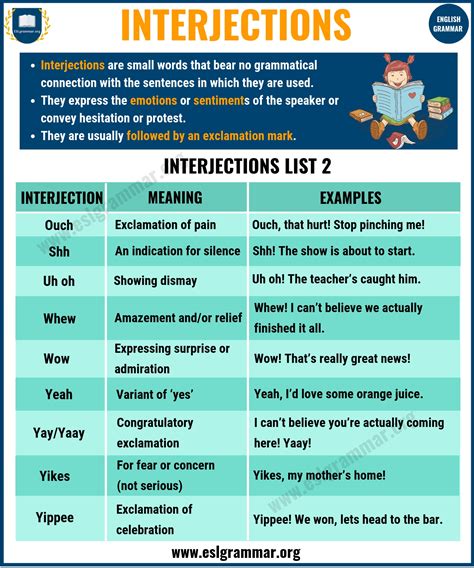 definition of interjection with examples for class 4
