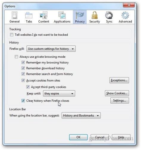 delete history on exit firefox