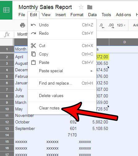 delete notes in google sheets