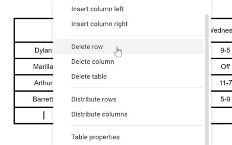 delete rows in google docs table
