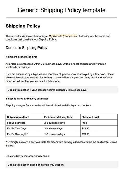 delivery and returns policy template