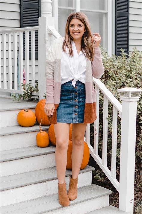 Fall outfit idea, denim skirt outfit, midi denim skirt, cowboy boots in