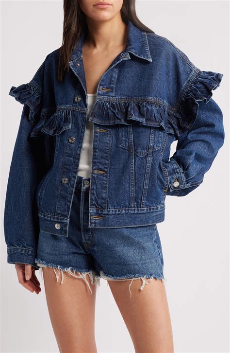 denim jacket with ruffle shoulders